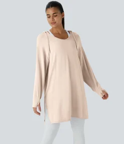 Sweatshirts & Hoodies<HALARA Hooded V Neck Drawstring Thumb Hole Longline Casual Sweatshirt
