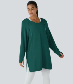 Sweatshirts & Hoodies<HALARA Hooded V Neck Drawstring Thumb Hole Longline Casual Sweatshirt