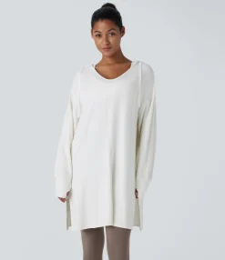 Sweatshirts & Hoodies<HALARA Hooded V Neck Drawstring Thumb Hole Longline Casual Sweatshirt