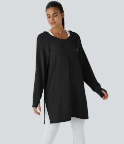 Sweatshirts & Hoodies<HALARA Hooded V Neck Drawstring Thumb Hole Longline Casual Sweatshirt