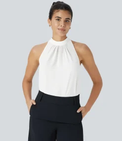 Work Tops|Shirts Blouses<HALARA Keyhole Back Halter Sleeveless Curved Hem Work Blouse