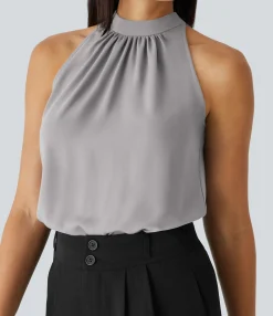 Work Tops|Shirts Blouses<HALARA Keyhole Back Halter Sleeveless Curved Hem Work Blouse
