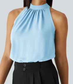 Work Tops|Shirts Blouses<HALARA Keyhole Back Halter Sleeveless Curved Hem Work Blouse