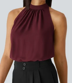 Work Tops|Shirts Blouses<HALARA Keyhole Back Halter Sleeveless Curved Hem Work Blouse