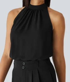Work Tops|Shirts Blouses<HALARA Keyhole Back Halter Sleeveless Curved Hem Work Blouse