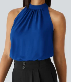 Work Tops|Shirts Blouses<HALARA Keyhole Back Halter Sleeveless Curved Hem Work Blouse