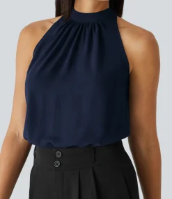 Work Tops|Shirts Blouses<HALARA Keyhole Back Halter Sleeveless Curved Hem Work Blouse