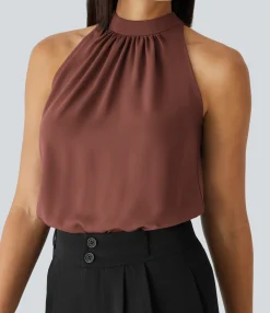 Work Tops|Shirts Blouses<HALARA Keyhole Back Halter Sleeveless Curved Hem Work Blouse