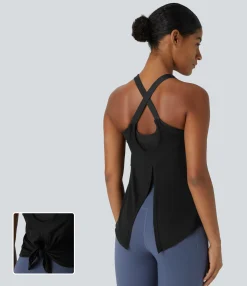 Yoga Tops|Tank Tops & Camis<HALARA Knot High Low 2-in-1 Yoga Tank Top