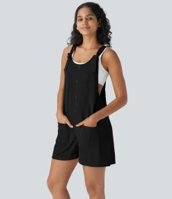 Jumpsuits<HALARA Knot Strap Decorative Pockets Waffle Overalls