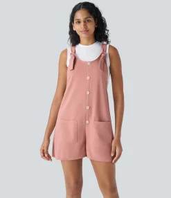 Jumpsuits<HALARA Knot Strap Decorative Pockets Waffle Overalls