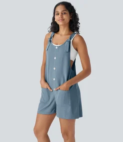 Jumpsuits<HALARA Knot Strap Decorative Pockets Waffle Overalls