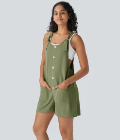 Jumpsuits<HALARA Knot Strap Decorative Pockets Waffle Overalls