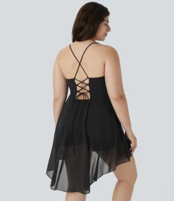 Plus Size<HALARA Lace Up 2-in-1 Pocket High Low Contrast Mesh Flowy Mini Dance Active Plus Size Dress