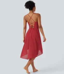 Active Dresses|Dresses<HALARA Lace Up 2-in-1 Pocket High Low Contrast Mesh Flowy Midi Dance Active Dress