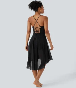 Active Dresses|Dresses<HALARA Lace Up 2-in-1 Pocket High Low Contrast Mesh Flowy Midi Dance Active Dress