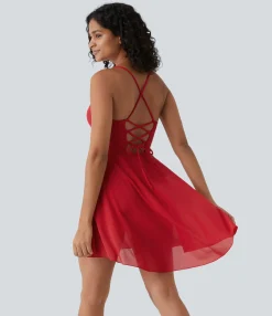 Mini Dresses|Active Dresses<HALARA Lace Up 2-in-1 Pocket High Low Contrast Mesh Flowy Mini Dance Active Dress