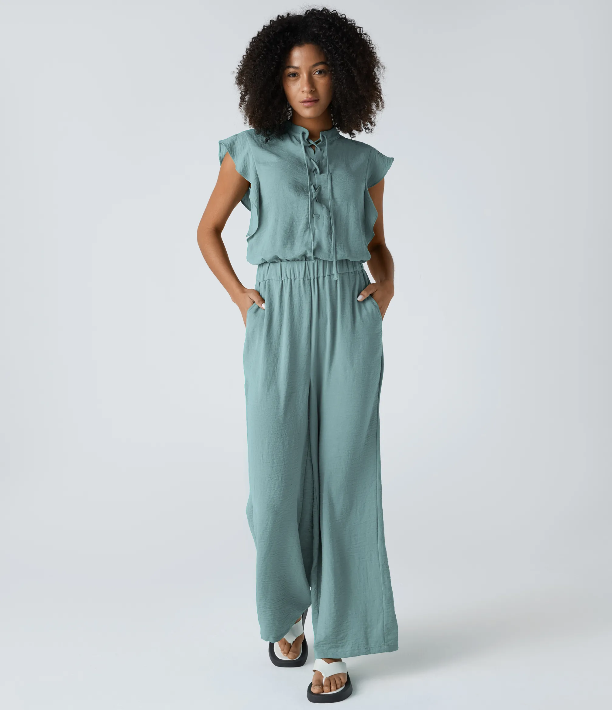 Jumpsuits<HALARA Lace Up Ruffle Cap Sleeve Cut Out Pocket Casual Linen-Feel Jumpsuit