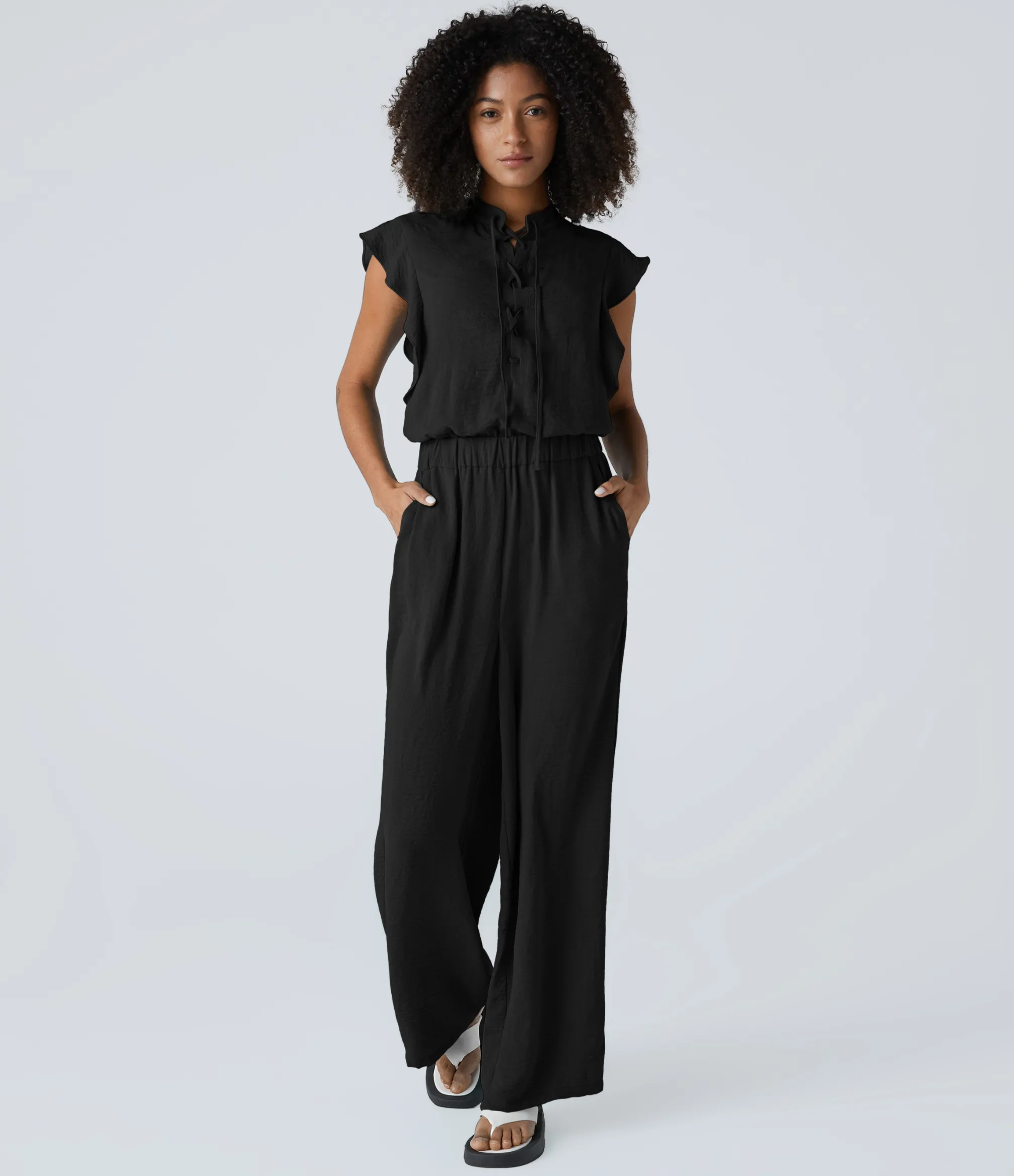 Jumpsuits<HALARA Lace Up Ruffle Cap Sleeve Cut Out Pocket Casual Linen-Feel Jumpsuit