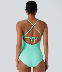 Beachwear<HALARA Lace Up Texture One Piece Swimsuit