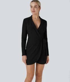 Dresses|Mini Dresses<HALARA Lapel Long Sleeve Cuff Wrapped Tie Side Curved Hem Mini Twill Work Dress