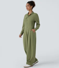Jumpsuits<HALARA Lapel Neck Long Sleeve Pockets Waffle Casual Cargo Jumpsuit
