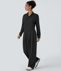 Jumpsuits<HALARA Lapel Neck Long Sleeve Pockets Waffle Casual Cargo Jumpsuit
