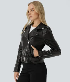 Jackets & Outerwear<HALARA Lapel Snap Pocket Zipper Belted Relaxed Casual PU Biker Jacket