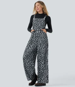 Jumpsuits<HALARA Leopard Print Waffle Casual Overalls with Pockets