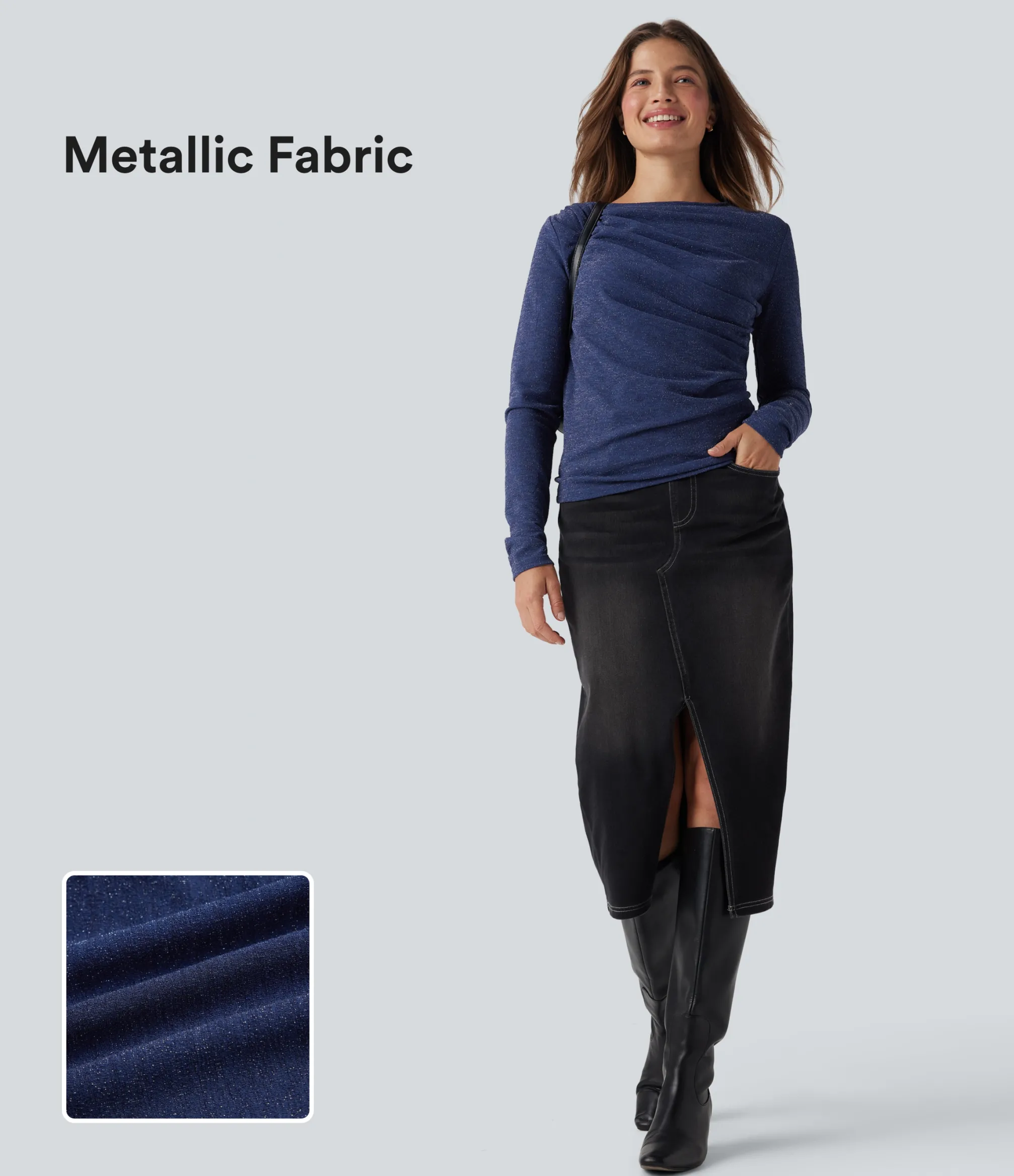 Casual Tops<HALARA Long Sleeve Asymmetric Ruched Metallic Casual Top