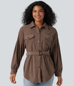 Jackets & Outerwear<HALARA Long Sleeve Belted Curved Hem Corduroy Casual Shirt Jacket with Pockets