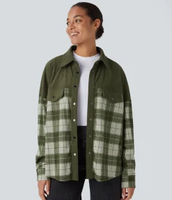Jackets & Outerwear<HALARA Long Sleeve Curved Hem Plaid Corduroy Casual Shirt Jacket