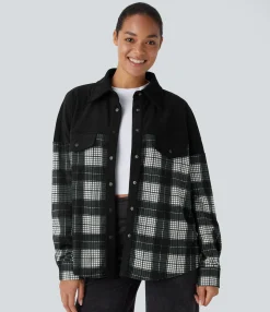 Jackets & Outerwear<HALARA Long Sleeve Curved Hem Plaid Corduroy Casual Shirt Jacket