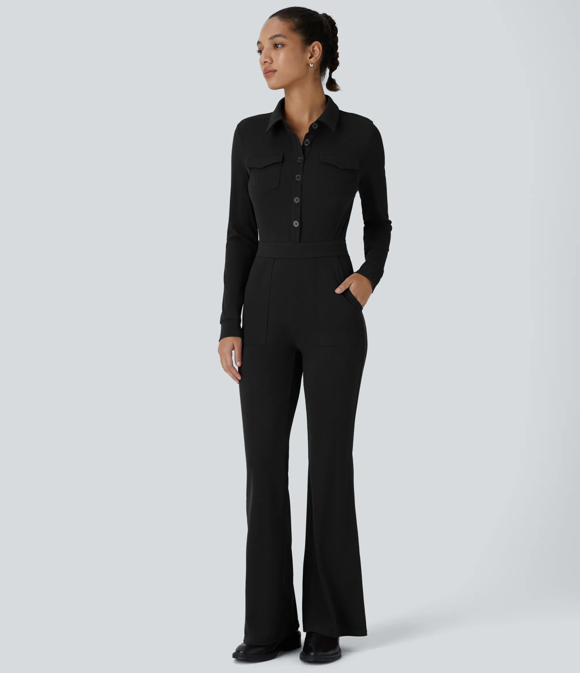 Jumpsuits<HALARA Long Sleeve Pockets Waffle Casual Flare Cargo Jumpsuit