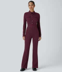 Jumpsuits<HALARA Long Sleeve Pockets Waffle Casual Flare Cargo Jumpsuit