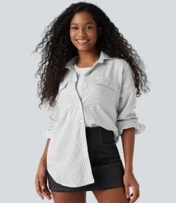 Casual Tops|Shirts Blouses<HALARA Long Sleeve Stripe Curved Hem Casual Shirt