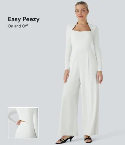 Jumpsuits<HALARA Long Sleeve Wide Leg Jumpsuit-Easy Peezy with Pockets Blanc de Blanc