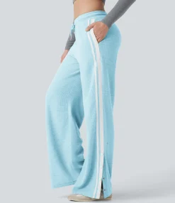 Wide-Leg Pants|Pants<HALARA Low Rise Drawstring Color Block Snap Waffle Casual Wide Leg Pants with Pockets