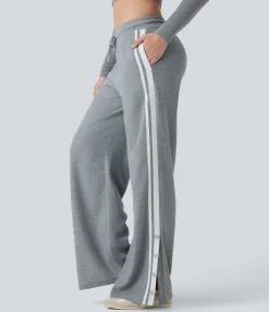 Wide-Leg Pants|Pants<HALARA Low Rise Drawstring Color Block Snap Waffle Casual Wide Leg Pants with Pockets