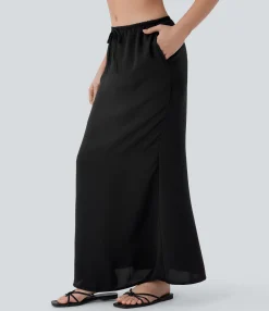 Maxi & Midi Skirts|Skirts<HALARA Low Rise Drawstring Pocket Maxi Linen-Feel Skirt