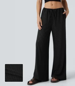 Wide-Leg Pants|Pants<HALARA Low Rise Drawstring Pocket 2-in-1 Wide Leg Eyelet Embroidery Casual Pants
