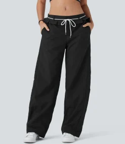 Pants<HALARA Low Rise Drawstring Ruffle Trim Dance Barrel Leg Pants with Pockets