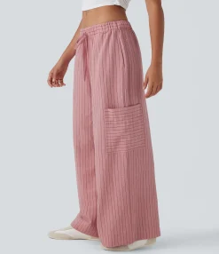 Pants|Wide-Leg Pants<HALARA Low Rise Drawstring Wide Leg Stripe Casual Linen-Feel Pants with Pockets