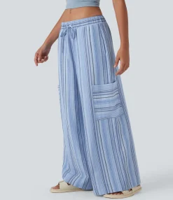 Pants|Wide-Leg Pants<HALARA Low Rise Drawstring Wide Leg Stripe Casual Linen-Feel Pants with Pockets