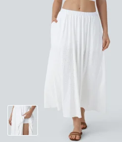 Maxi & Midi Skirts|Skirts<HALARA Low Rise Eyelet 2-in-1 Flowy Midi Skirt with Pockets