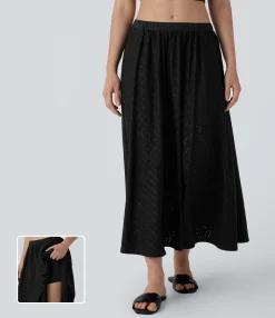 Maxi & Midi Skirts|Skirts<HALARA Low Rise Eyelet 2-in-1 Flowy Midi Skirt with Pockets