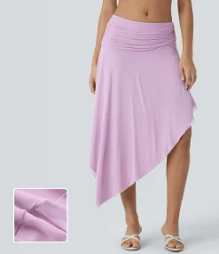 Maxi & Midi Skirts|Skirts<HALARA Low Rise Ruched Asymmetric Hem Mesh Overlay Flowy Midi Skirt