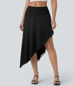 Maxi & Midi Skirts|Skirts<HALARA Low Rise Ruched Asymmetric Hem Mesh Overlay Flowy Midi Skirt