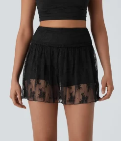 Mini Skirts|Skirts<HALARA Mid High Waisted 2-in-1 Pocket Lace Mini Skirt