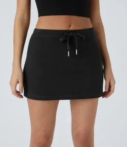 Mini Skirts|Casual Skirts<HALARA Mid Low Rise Drawstring Side Zip Pocket 2-in-1 Mini Casual Cotton Skirt